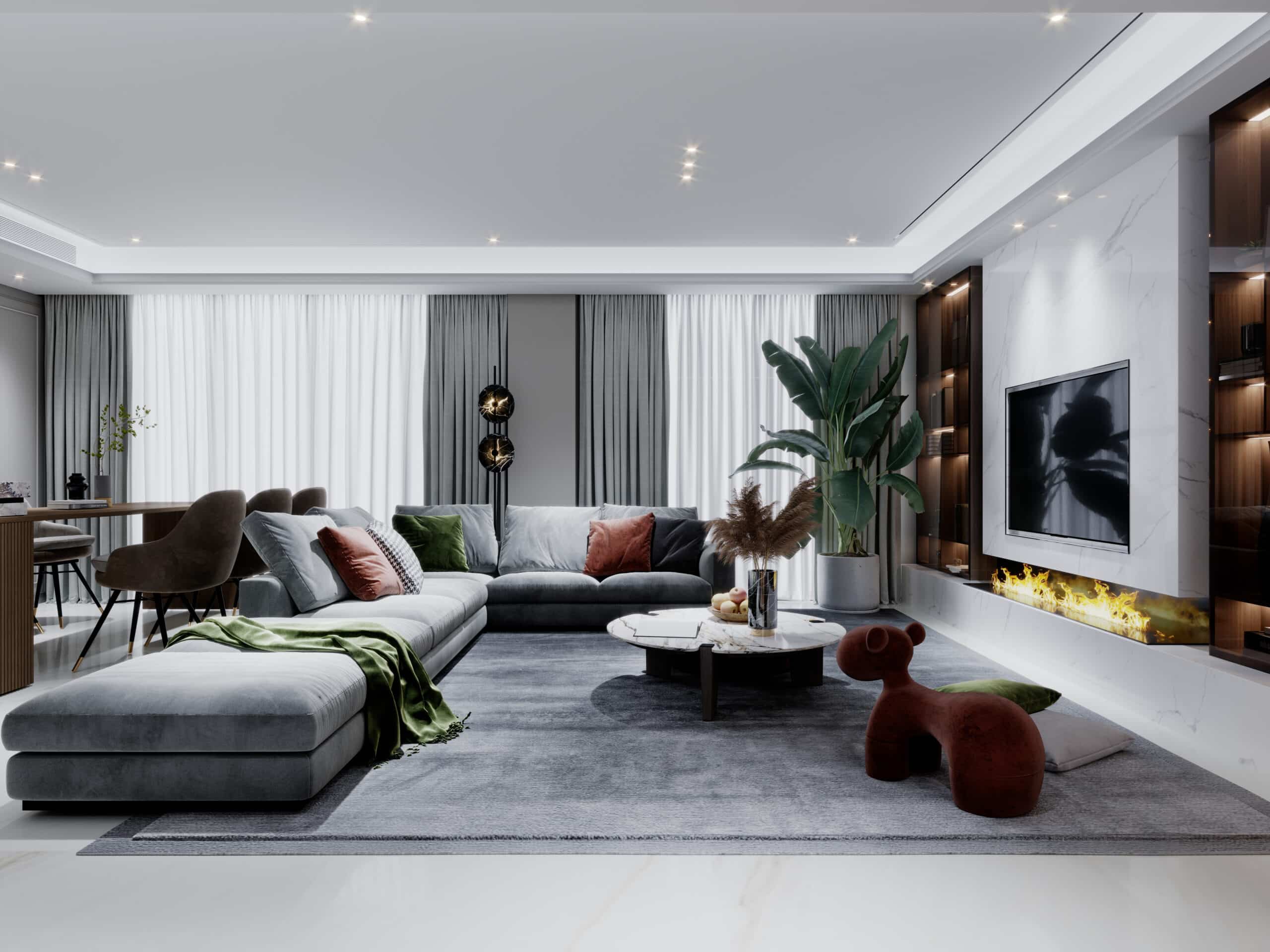 Contemporary living room in white and gray with a large gray color