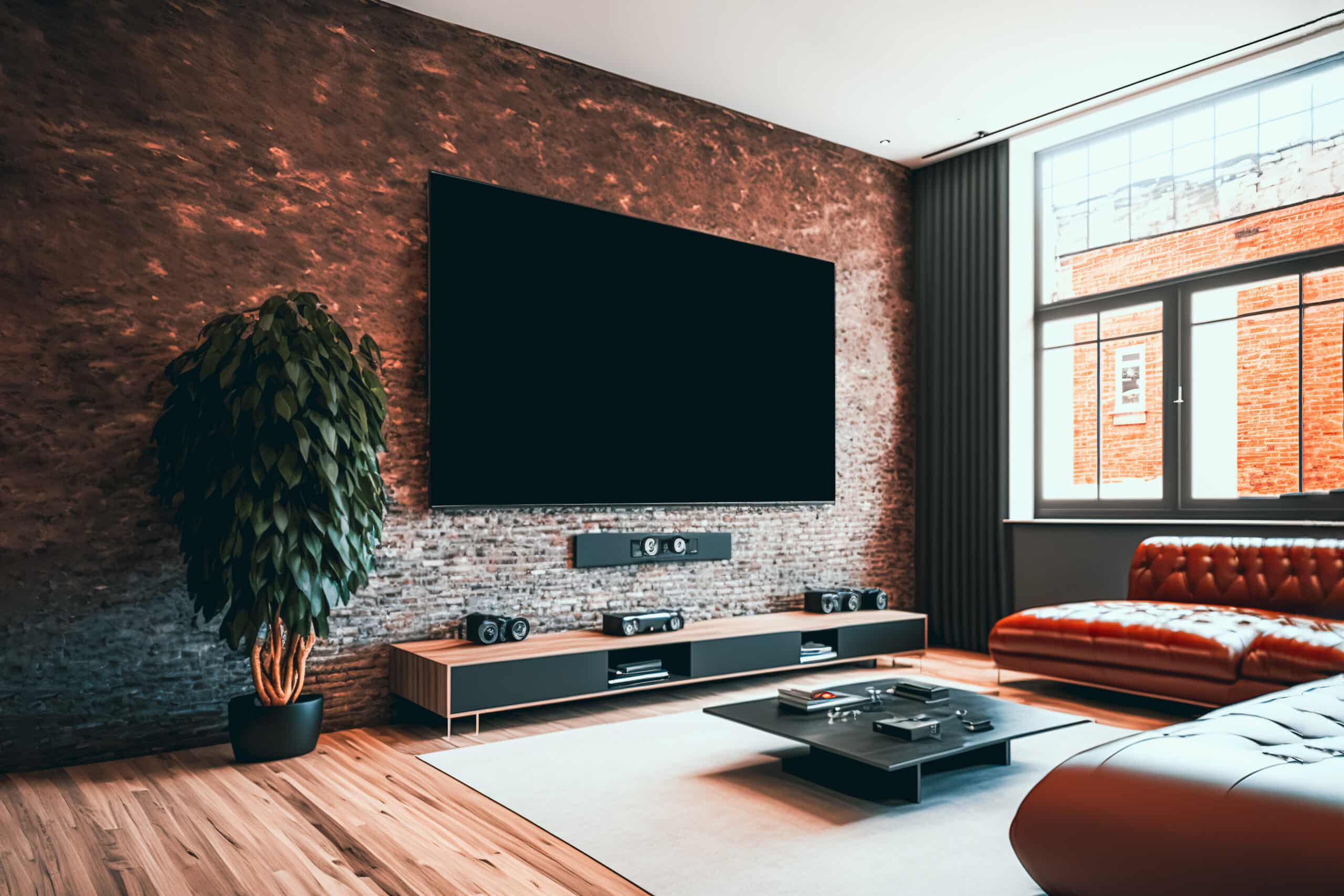 Modern living room with a large tv on a brick wall, Generative AI