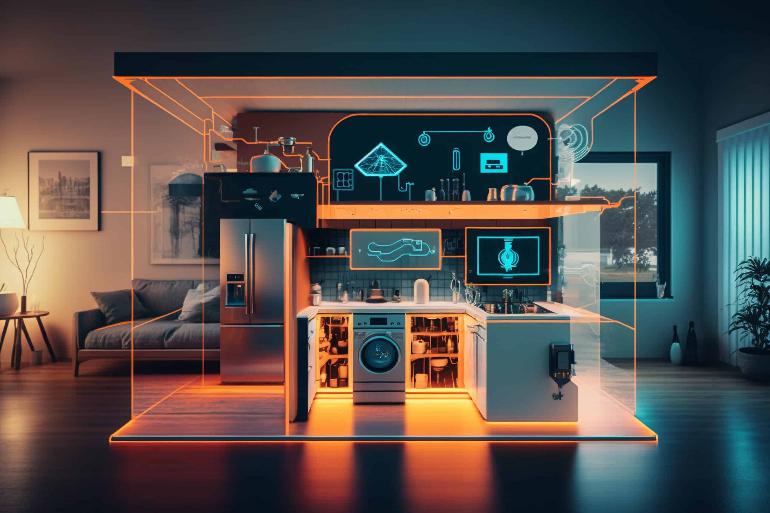 Futuristic smart home technology and automation concept with smart screens and gadgets in neon colors. AI generated.